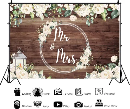 Vista 2 de Telón de fondo de 5 x 3 pies con diseño floral de rosas blancas y boscosas, telón de fondo para fotografía de pared, para parejas, boda, novia