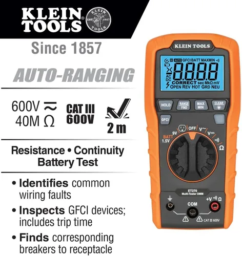 Vista 3 de Klein Tools ET270 Multiprobador digital de rango automático, AC/DC, resistencia y kit de herramientas de búsqueda de disyuntores 80016