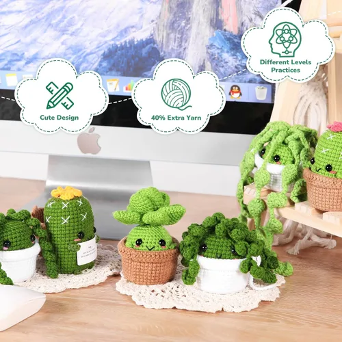 Vista 5 de Imcrasy - Kit de ganchillo para principiantes con lecciones de video paso a paso 6 plantas en macetas y kit de ganchillo de la familia de plantas