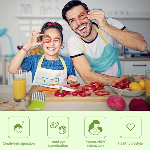 Vista 4 de Suhctuptx Cuchillos de cocina para niños, juego de cuchillos de nailon para niños pequeños con cortador ondulado, cuchillo seguro para niños
