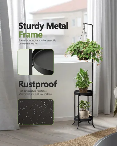 Vista 4 de RINBOU Soporte para plantas colgantes para interiores y exteriores, estante esquinero de metal para 3 macetas, 2 niveles de 61 pulgadas de alto