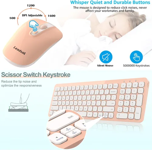 Vista 2 de LeadsaiL Combo de teclado y mouse inalámbricos, juego de mouse y teclado inalámbricos ergonómicos para computadora, mouse y teclado compacto