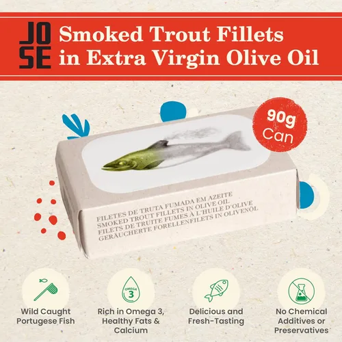Vista 3 de Filetes de trucha ahumados enlatados en aceite de oliva virgen extra de Jose Gourmet, trucha portuguesa capturada en estado salvaje, pescado