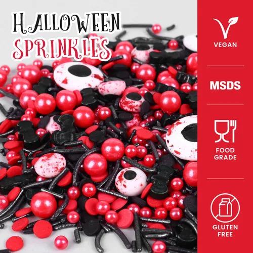Vista 4 de Gránulos oculares para decoración de pasteles, chispas de perlas negras y rojas con murciélagos negros y dulces de globo ocular, perfectos