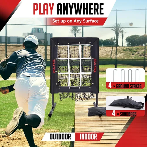 Vista 7 de ZEALFEEL Red de lanzamiento de béisbol, red de tiro de 9 agujeros con zona de ataque, entrenador de lanzamiento ajustable de 5 alturas, red