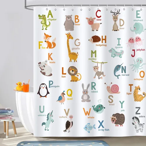 Vista 2 de Cortina de ducha Bonhause para niños ABC, linda decoración educativa del alfabeto animal para baño de niños pequeños, 72 x 72 pulgadas, tela