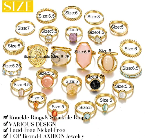 Vista 7 de Juego de anillos de nudillos de cristal dorado para mujeres y adolescentes anillos gruesos coloridos juego de anillos de plata dorada paquete