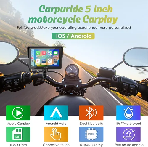 Vista 2 de Carpuride W502 motocicleta GPS inalámbrico portátil Carplay/Android Auto impermeable coche estéreo, 5 "IPS pantalla táctil con doble Bluetooth