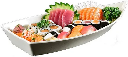 Vista 3 de Happy Sales HSSB-10BB - Plato con forma de barco de sushi para sushi sashimi, bandeja de plástico de melamina de 10 x 4.5 pulgadas (bambú)