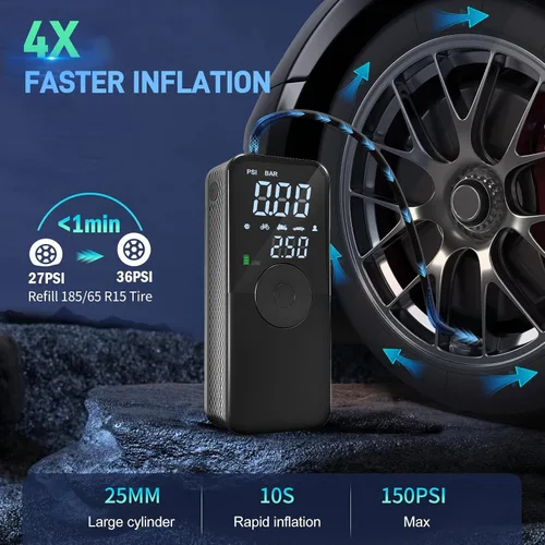 Vista 2 de Inflador de neumáticos, compresor de aire portátil, bomba de aire automática para neumáticos de automóvil, compresor de aire portátil de 150 PSI