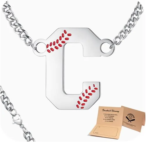 Vista 32 de QINJIEJIE Collar de béisbol inicial A-Z con letras, accesorios deportivos, colgante de encanto de béisbol, joyería de cadena de acero inoxidable 2-P