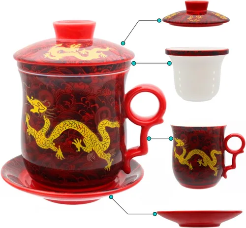 Vista 8 de Taza de té de porcelana con tapa de infusor y juegos de platillos – Taza de café de cerámica china Jingdezhen Taza de té de hoja suelta Sistema
