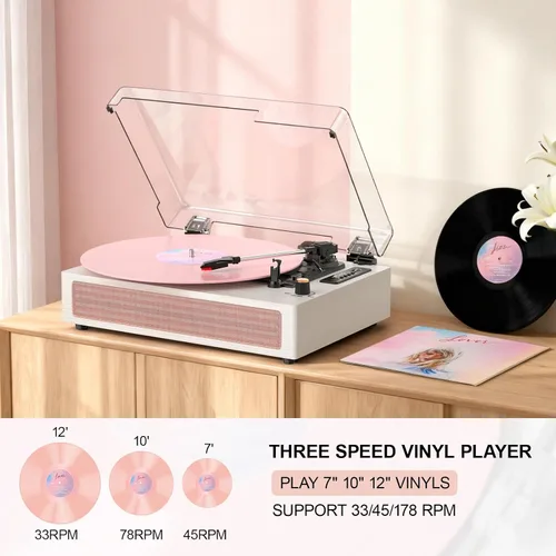 Vista 4 de Tocadiscos de vinilo con altavoces, tocadiscos Bluetooth vintage rosa con modos de sonido EQ y pantalla LED, tocadiscos de 3 velocidades para discos
