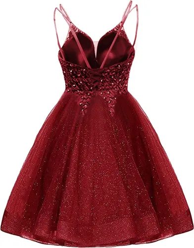 Vista 2 de H.S.D Vestido de fiesta corto con cuello en V, vestido de graduación con purpurina, apliques de encaje, vestido de cóctel brillante con tirantes