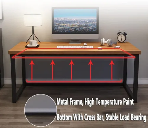 Vista 5 de Mesa de madera maciza para oficina en casa, escritorio de computadora, escritorio para juegos, mesa de conferencias con soporte de metal, mesa