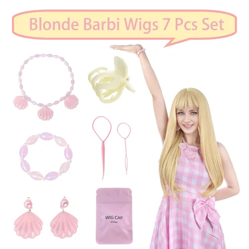Vista 5 de Peluca rubia con flequillo, peluca larga rubia para cosplay, peluca recta para disfraz de Halloween para mujeres