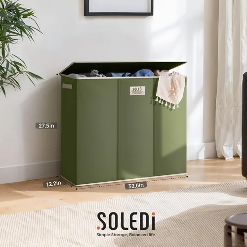 Vista 7 de SOLEDI Cesta de lavandería de 3 secciones de 180L con tapa, cesta de ropa sucia extragrande con asas resistentes para lavandería y dormitorio
