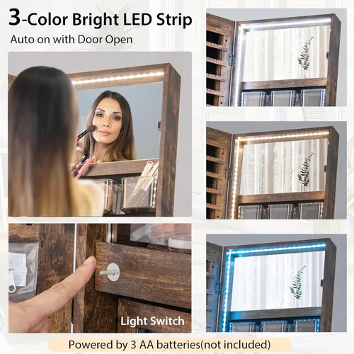 Vista 4 de CHARMAID Armario de Joyería de Pie con Espejo de Cuerpo Entero, Organizador de Gabinete de Joyería con Cerradura y Luces, 3 Modos de Iluminación