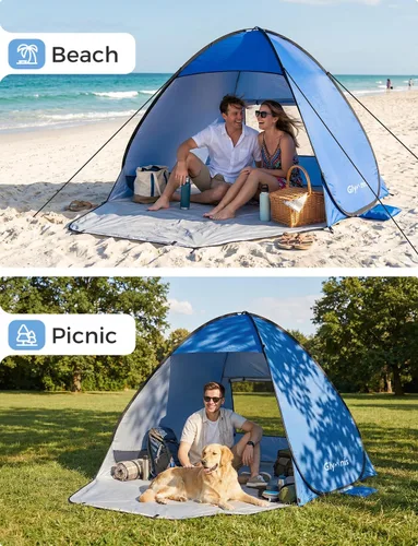 Vista 9 de Glymnis Tienda de campaña de playa desplegable para 1-4 personas, refugio solar UPF 50+ con cremallera para puerta, portátil, fácil de poner