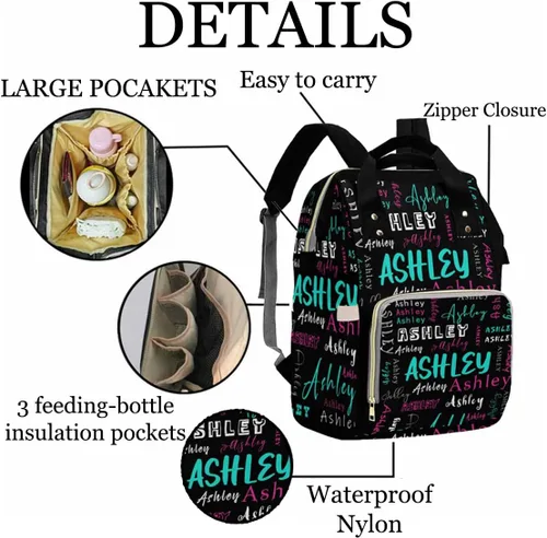 Vista 4 de Artsadd Bolsos para pañales personalizados con nombre, mochila monograma, regalos para baby shower, pattern 01, Tamaño único, Mochilas Daypack