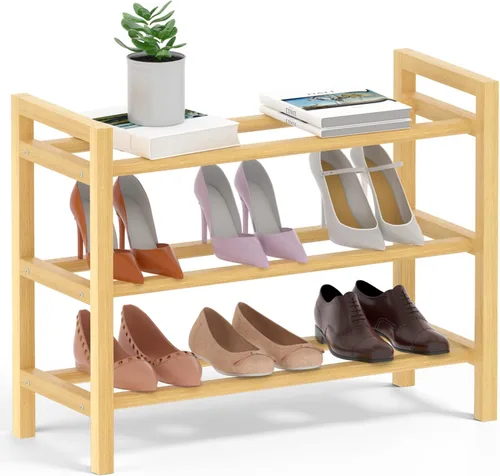 Vista 8 de Zapatero de bambú organizador de zapatos de pie libre, marrón, 5 niveles