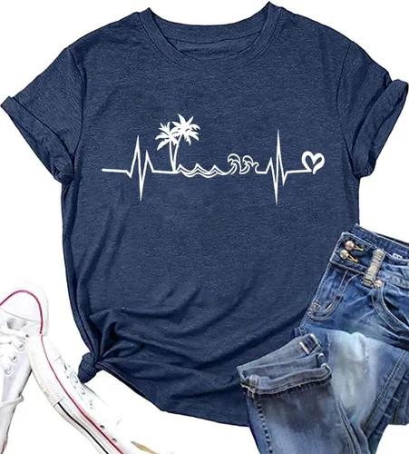 Vista 9 de Camiseta de manga corta con estampado de corazón para mujer, camiseta con estampado de corazón y estampado de corazón Azul