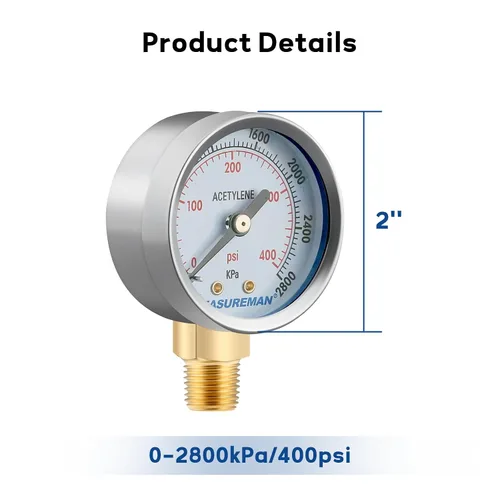 Vista 4 de MEASUREMAN Manómetros de baja y alta presión para regulador de acetileno 0-30 psi y 0-400 psi - 2 pulgadas (par) con rosca de 1/4" para reguladores