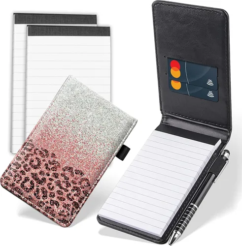 Vista 15 de Juego de 4 mini bloc de notas de bolsillo, diseño de corazón de dinosaurio, funda de piel sintética, soporte para notas con 2 ranuras para tarjetas
