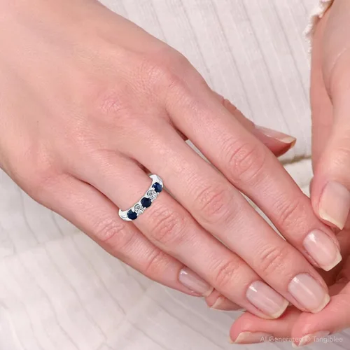 Vista 7 de Anillo de aniversario de bodas de cinco piedras con diamantes de zafiro azul de 1 qt en oro blanco de 14 quilates