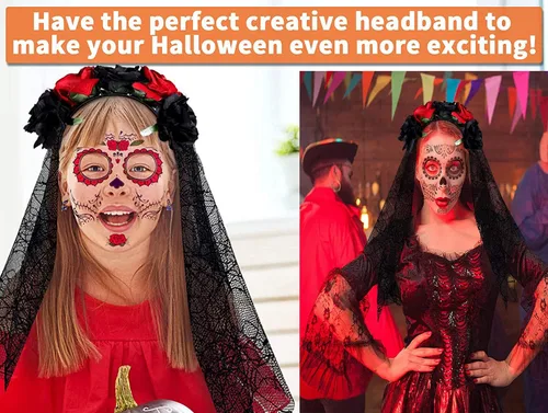 Vista 5 de Diadema del Día de los Muertos con velo para novia, rosa, corona floral, guirnalda de Halloween, disfraz de fantasma, carnaval, fiesta