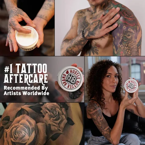 Vista 5 de Hustle Butter Tattoo Aftercare 5oz At Home y 1oz Bálsamo de cuidado posterior de tamaño de viaje, úsalo mientras cura nuevos tatuajes