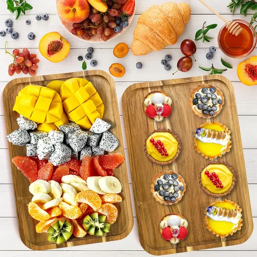Vista 6 de YOUEON Juego de 2 bandejas de madera de acacia con borde elevado, bandeja rectangular de 14.2 x 9.5 pulgadas, plato de queso para aperitivo