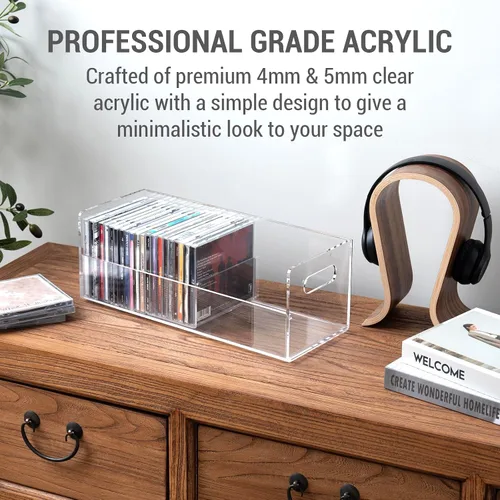 Vista 2 de MyGift Soporte rack moderno premium de CD apilable de acrílico transparente con asas de transporte recortadas, caja de exhibición para estuches
