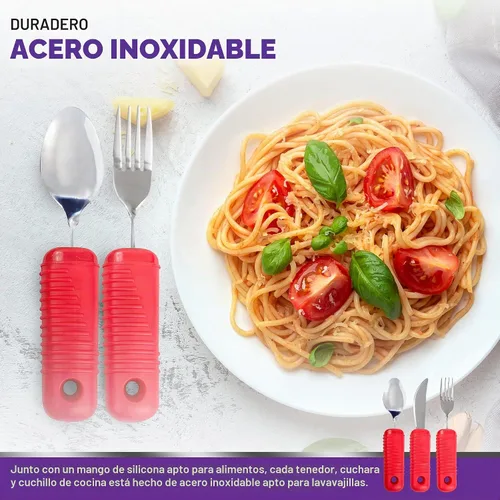 Vista 8 de Juego de utensilios rojos de fácil agarre de 3 piezas, tenedor flexible