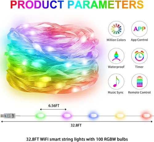 Vista 4 de Honche Guirnalda de luces inteligentes RGB de 100 luces LED USB de 32.8 ft/33 pies, impermeable, con control de aplicación, decoración de árbol