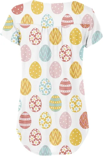 Vista 3 de Womens Casual Easter Short Sleeve Shirts V Neck Bunny Graphic Tops Button Up Pleated Tunic Floral Ruffle Blouse