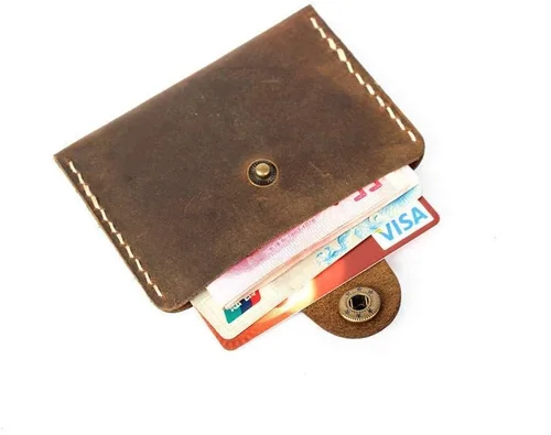 Vista 2 de Handmade Crazy Horse Leather Retro Card Case Small Coin Purse Leather Small Top Layer Cowhide Snap Buckle
