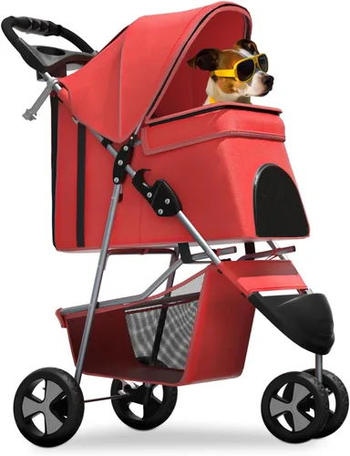 Vista 14 de Magshion Cochecito para mascotas de 3 ruedas, cochecito de viaje plegable para perros y gatos pequeños y medianos (hasta 33 libras), transportador