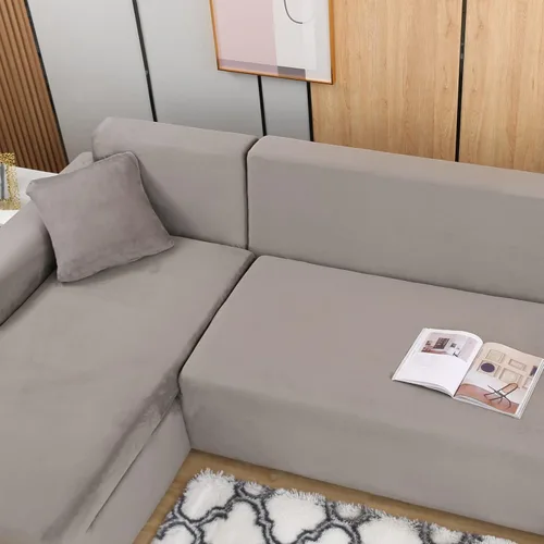 Vista 8 de Fundas para sofá modular, 2 fundas de sofá en forma de L con fundas de almohada, fundas elásticas de terciopelo para sofá de 3 + 3 plazas, fundas