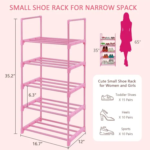 Vista 3 de LNYZQUS Organizador de zapatos pequeños de 5 niveles para niños, estante de zapatos rosa para armario, espacio estrecho, mini estante