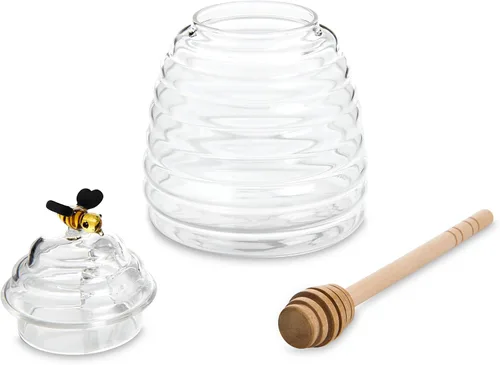 Vista 8 de HIC Kitchen Tarro de miel de vidrio con tapa y cuchara de miel, vidrio de borosilicato y madera de haya Vidrio/Madera
