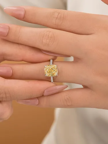 Vista 24 de Anillo de compromiso de corte cojín de 4 quilates para mujer, piedra blanca/amarilla grado 5A, circonita cúbica S925, plata, amarillo/blanco/oro rosa