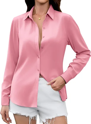 Vista 13 de Camisas Premium de Seda Satinada Suave y Transpirable con Botones para Mujer, Blusas de Manga Larga, Tops de Trabajo Casuales