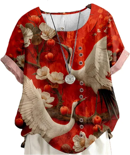 Vista 33 de domirica Flower Bird Printed Loose Boho Shirts Women Plus Size Summer Crew Neck Short Sleeve Blouses Colorido