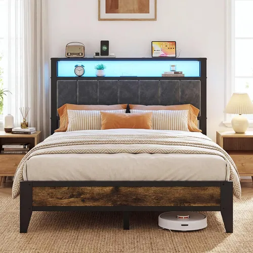 Vista 11 de OLEVS Base de cama individual con cabecera de almacenamiento con luz LED y estación de carga tipo C, base de cama de plataforma metálica