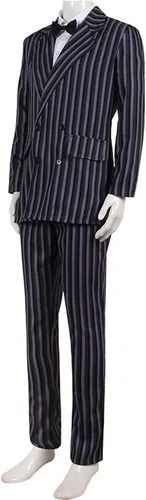 Vista 3 de Disfraz de Gomez Addams para adultos, traje negro, camisa y pantalones, conjunto completo con peluca para Halloween y cosplay