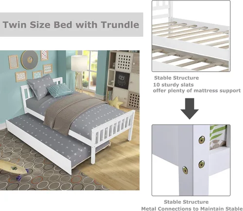 Vista 6 de Base de cama individual con nido, marco de cama de plataforma con cabecero y estribo, cama de madera maciza individual para dormitorio, espacio