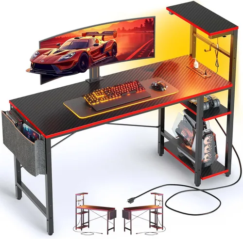 Vista 10 de Bestier - Escritorio de juegos con luces LED, escritorio para PC de 44 pulgadas para espacios pequeños, escritorio de computadora con estantes