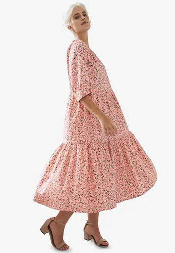 Vista 4 de Ellos Vestido midi de algodón escalonado de talla grande para mujer