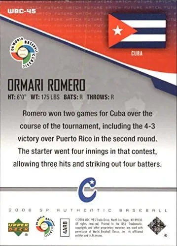 Vista 2 de 2006 SP Authentic WBC Future Watch #45 Ormari Romero /999 MLB Baseball Trading Card